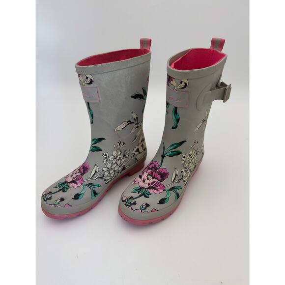 Joules Wellies Women's Size 7 Floral Mid-Calf Rubber Rain Boots Gray/Pink - Picture 2 of 7